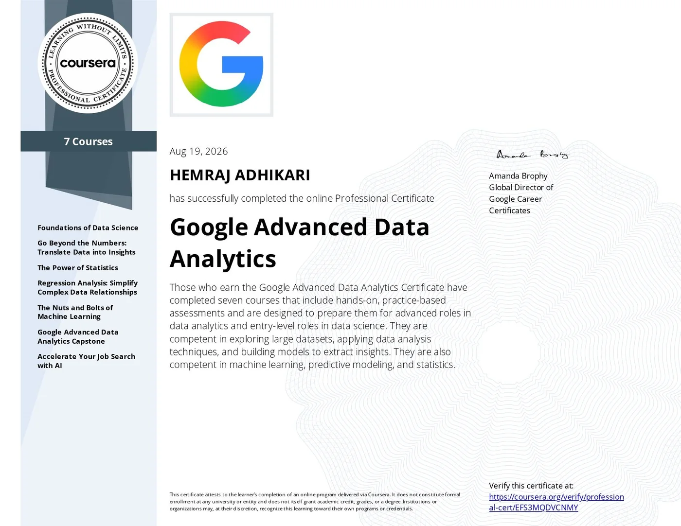 Google Advanced Data Analytics certificate issued to Hemraj Adhikari on Aug 19, 2026