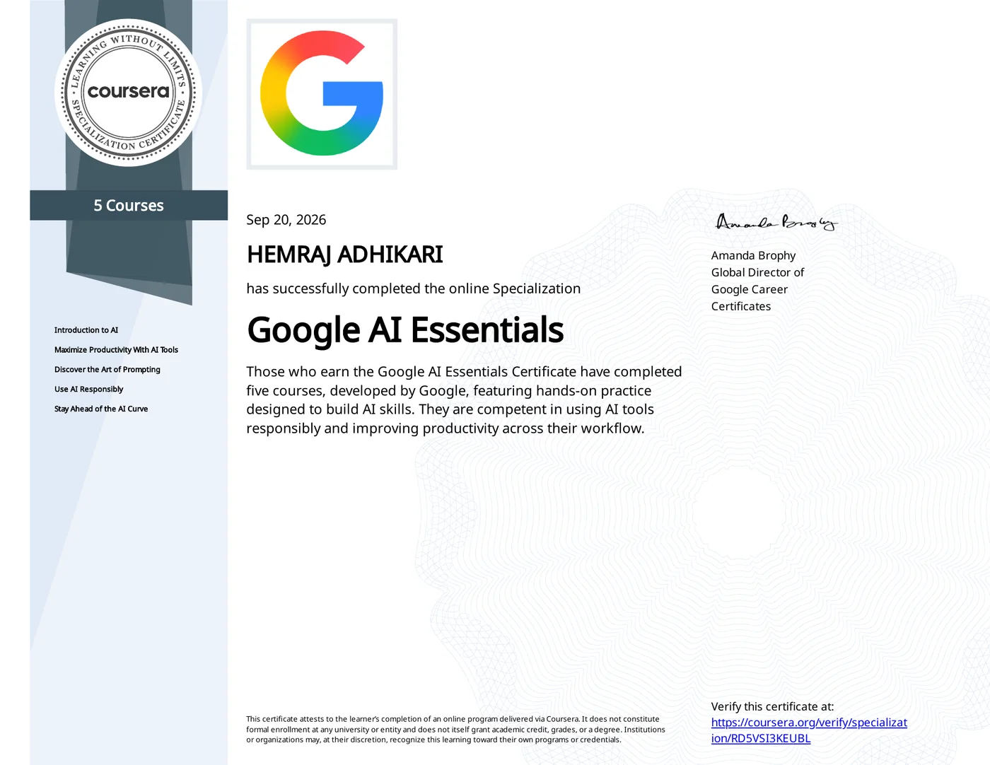 Google AI Essentials certificate issued to Hemraj Adhikari on Sep 20, 2026