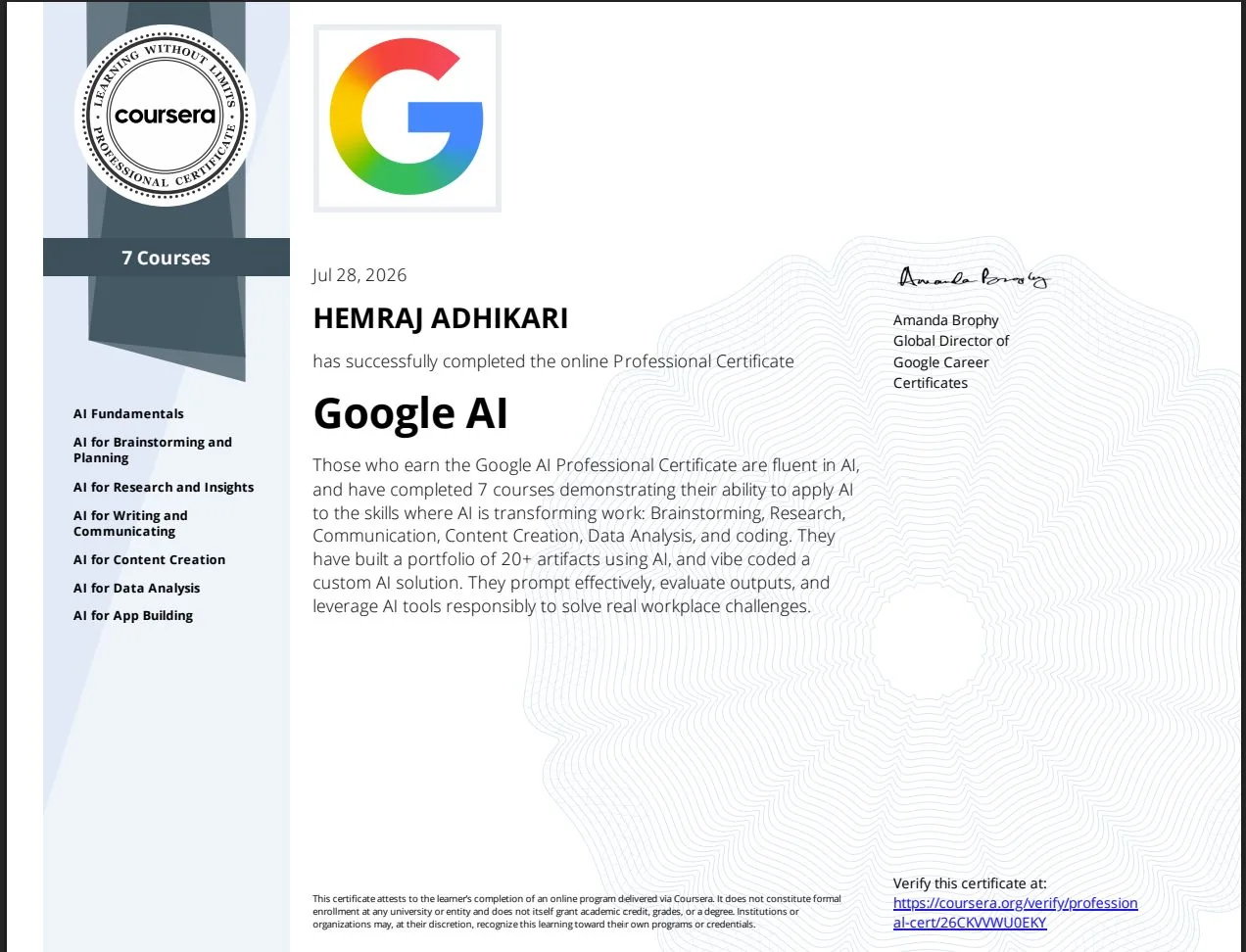 Google AI certificate issued to Hemraj Adhikari on Jul 28, 2026