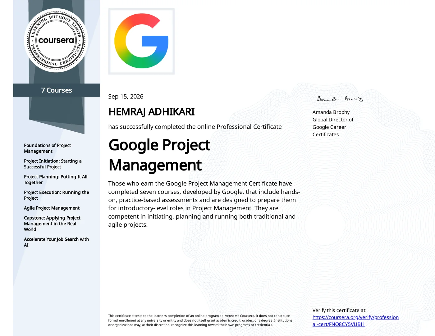 Google Project Management certificate issued to Hemraj Adhikari on Sep 15, 2026