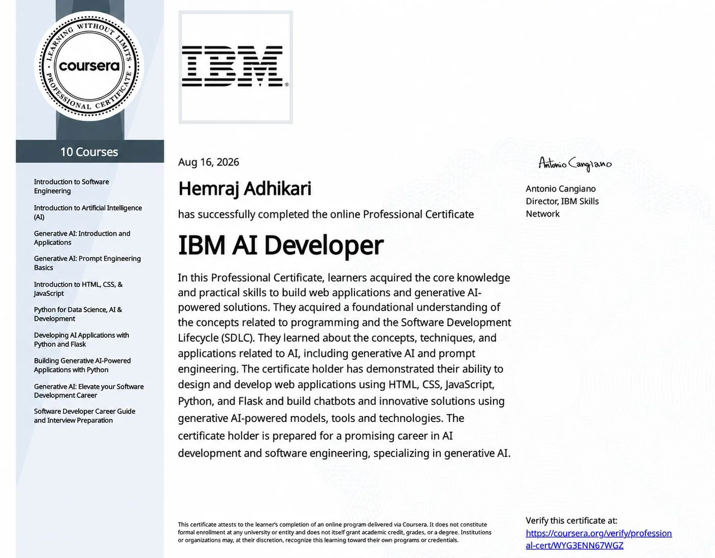 IBM AI Developer certificate issued to Hemraj Adhikari on Aug 16, 2026